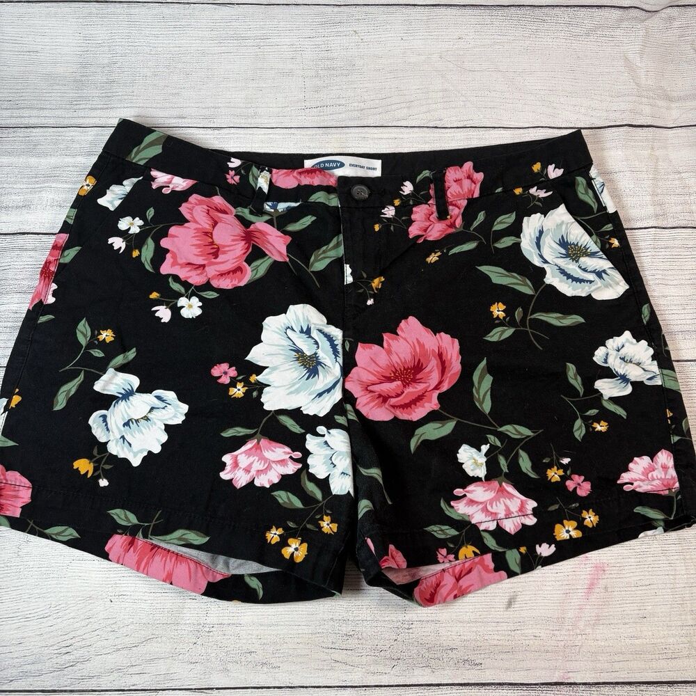 Old Navy Womens Sz 14 Black Pink Floral Everyday Shorts 5" Length Cotton